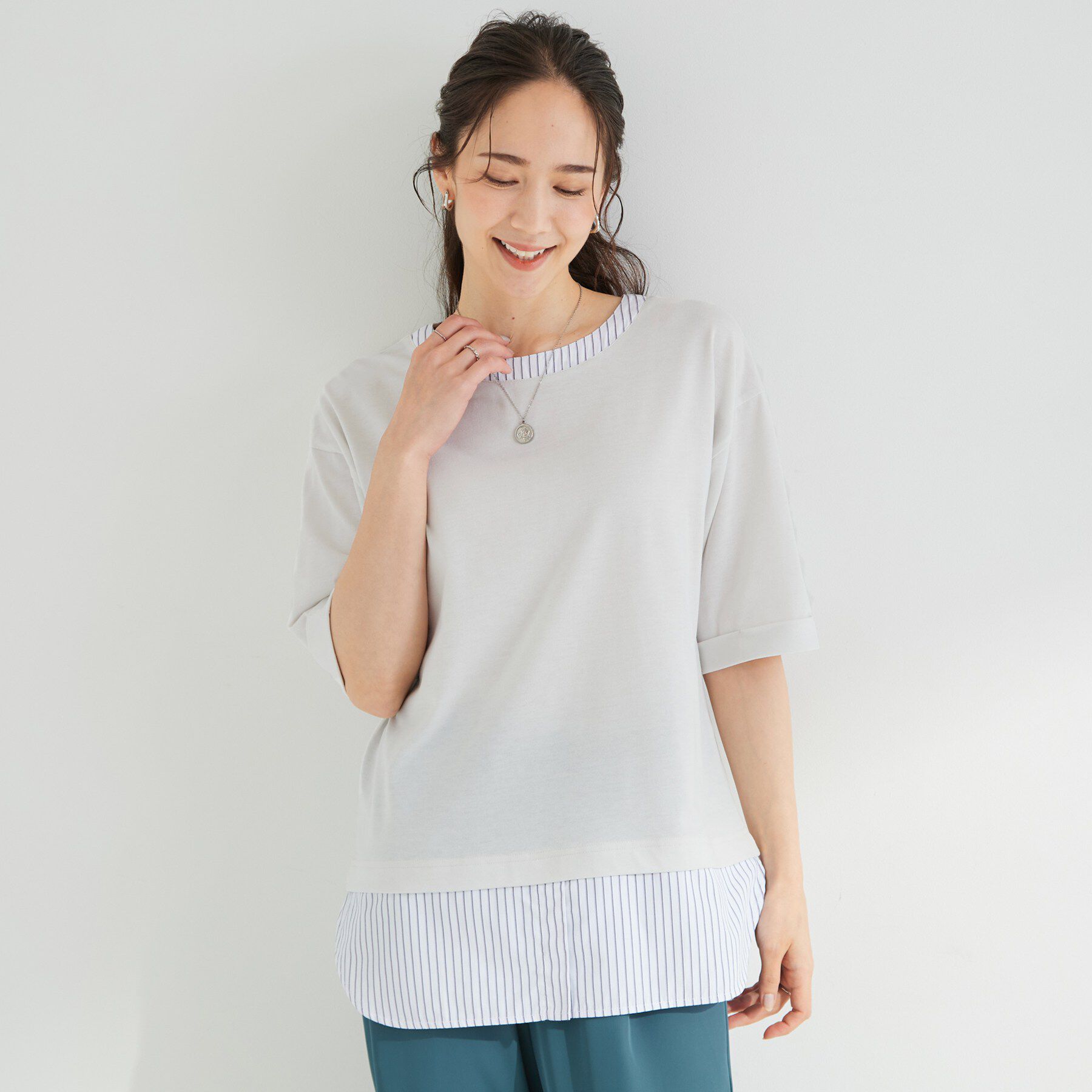 SHOO･LA･RUE「【インせず着られる/二の腕隠れる】重ね着風 シャツドッキングトップス」|Tシャツ・カットソー|