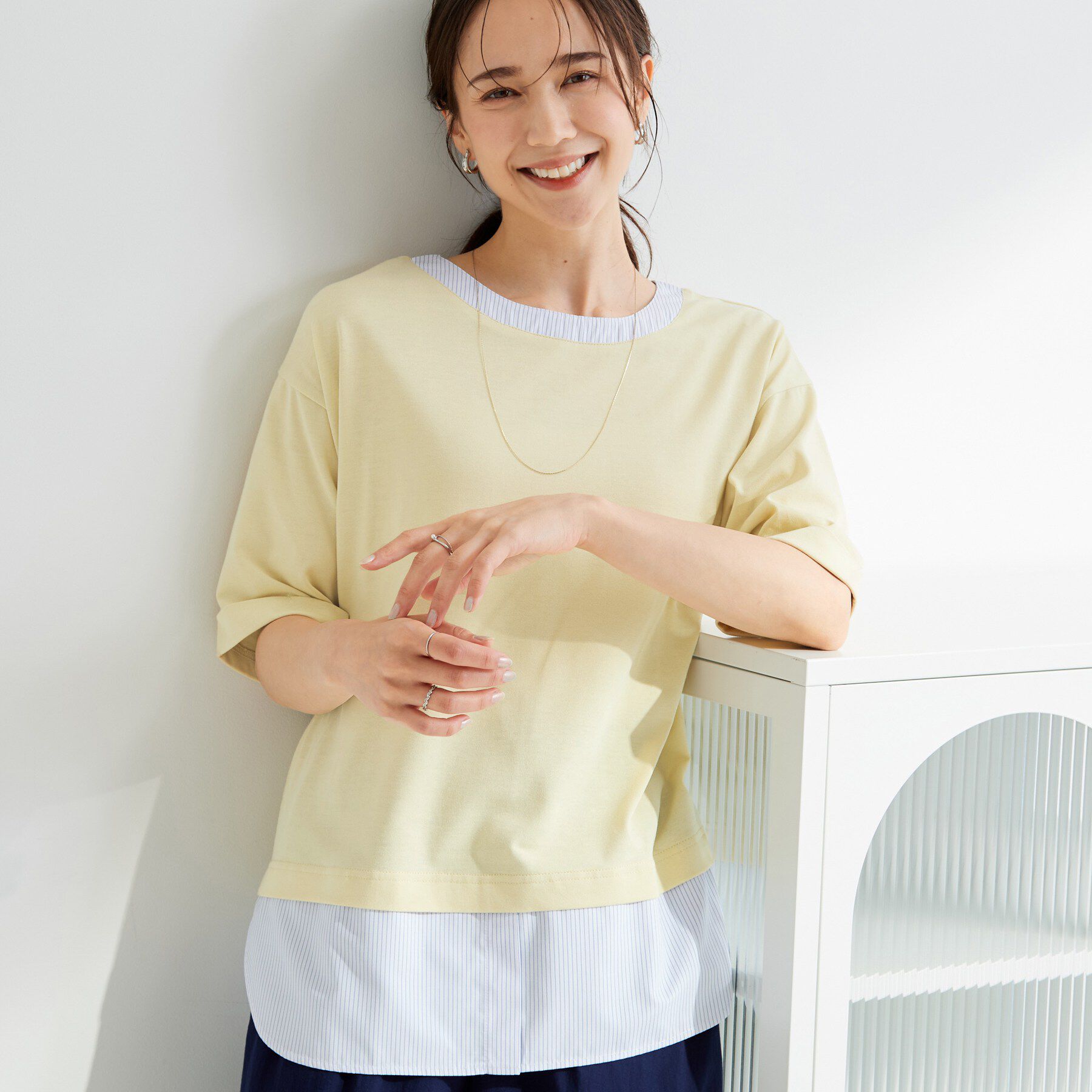 SHOO･LA･RUE「【インせず着られる/二の腕隠れる】重ね着風 シャツドッキングトップス」|Tシャツ・カットソー|イエロー(320)