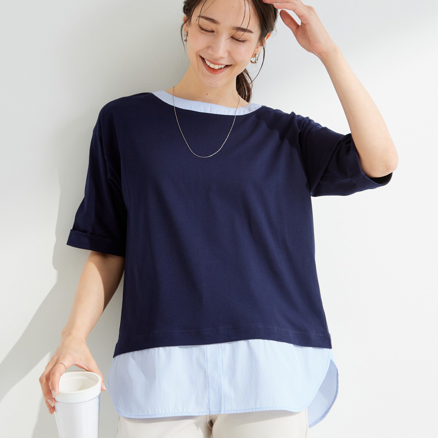 SHOO･LA･RUE「【インせず着られる/二の腕隠れる】重ね着風 シャツドッキングトップス」|Tシャツ・カットソー|ネイビー(394)