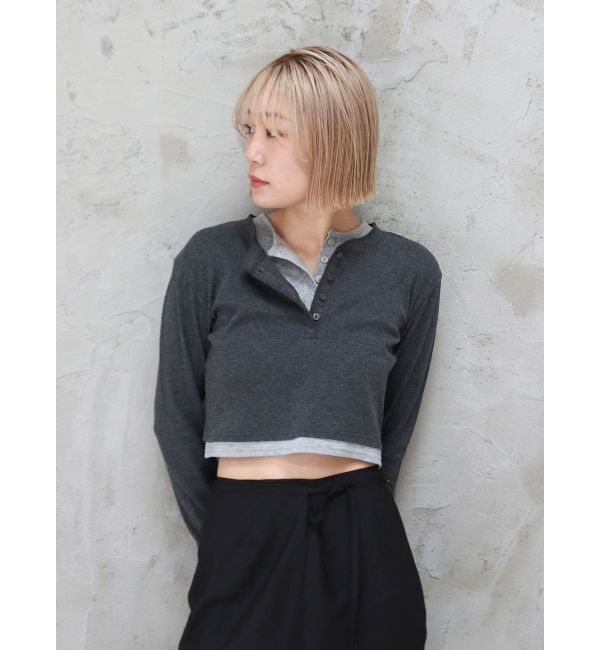 Ungrid「レイヤードデザインヘンリーロングスリーブTee」|Tシャツ・カットソー|チャコールグレー