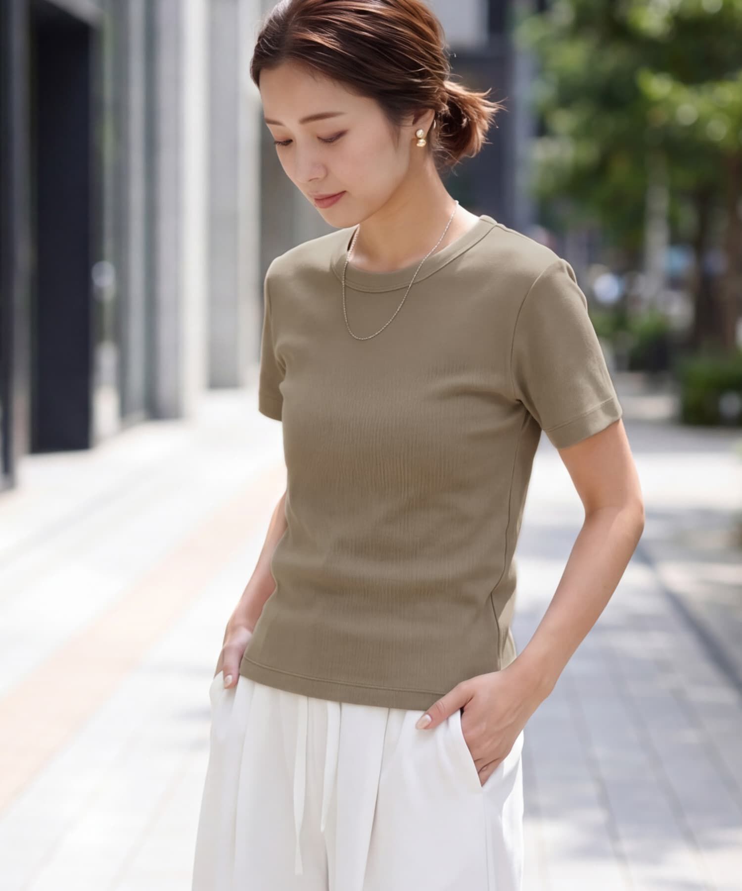STYLE DELI「【Made in JAPAN】リブ半袖カットソートップス」|Tシャツ・カットソー|オリーブベージュ