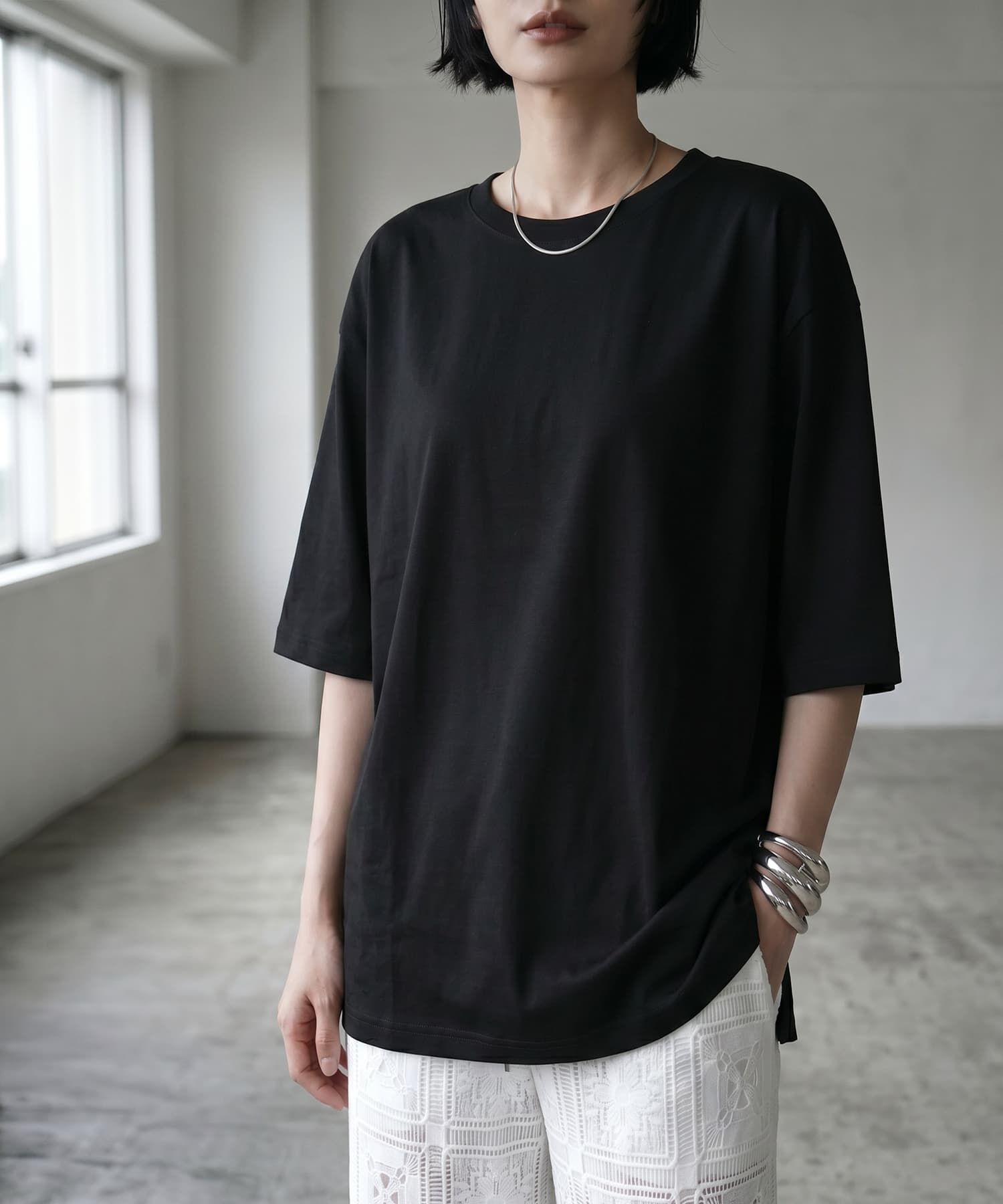 STYLE DELI「【BLK001】ゆったりシルエット五分袖ドルマンTシャツ」|Tシャツ・カットソー|ブラック