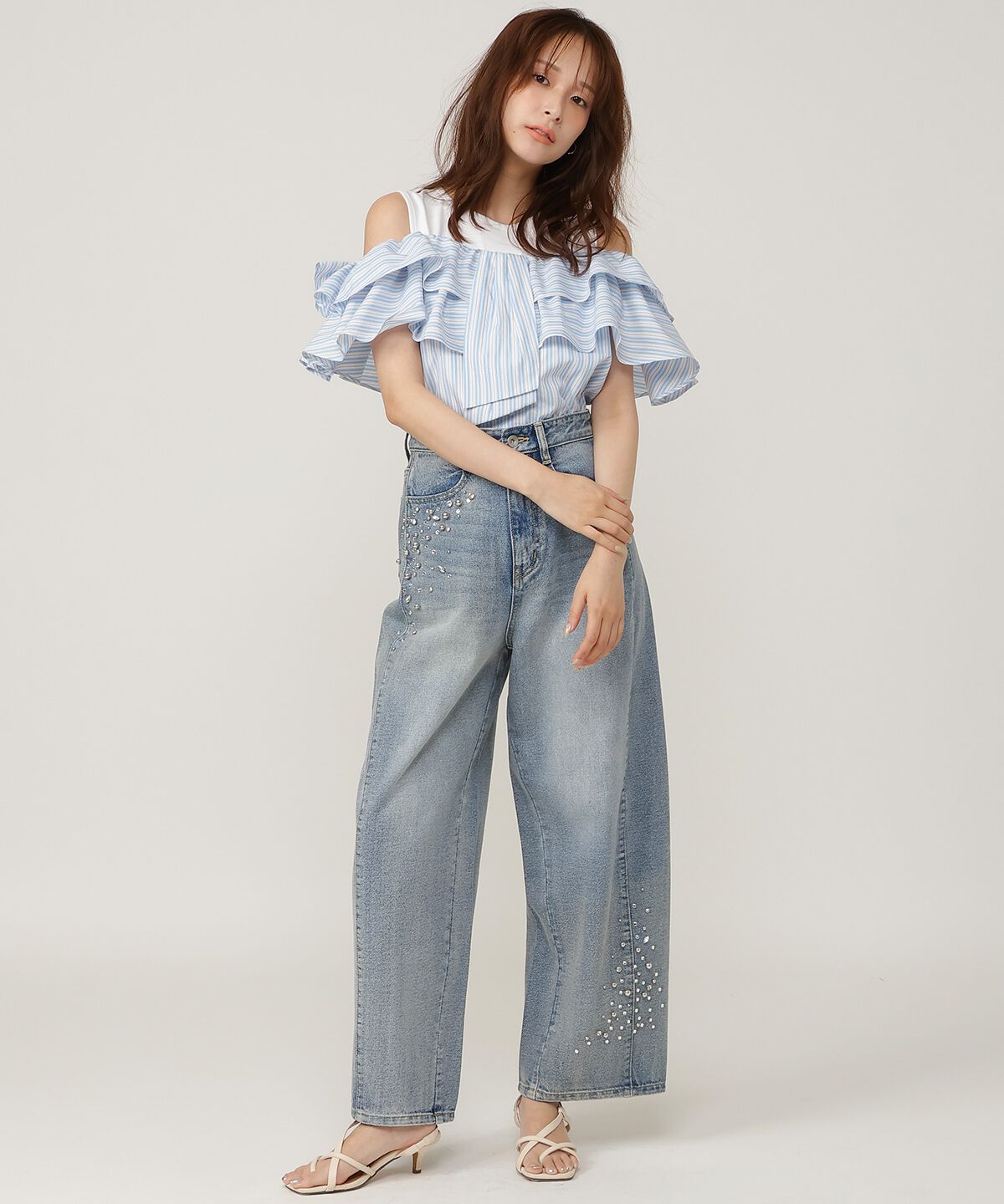 アンドクチュール「ビジューデニムワイドパンツ」|デニム|
