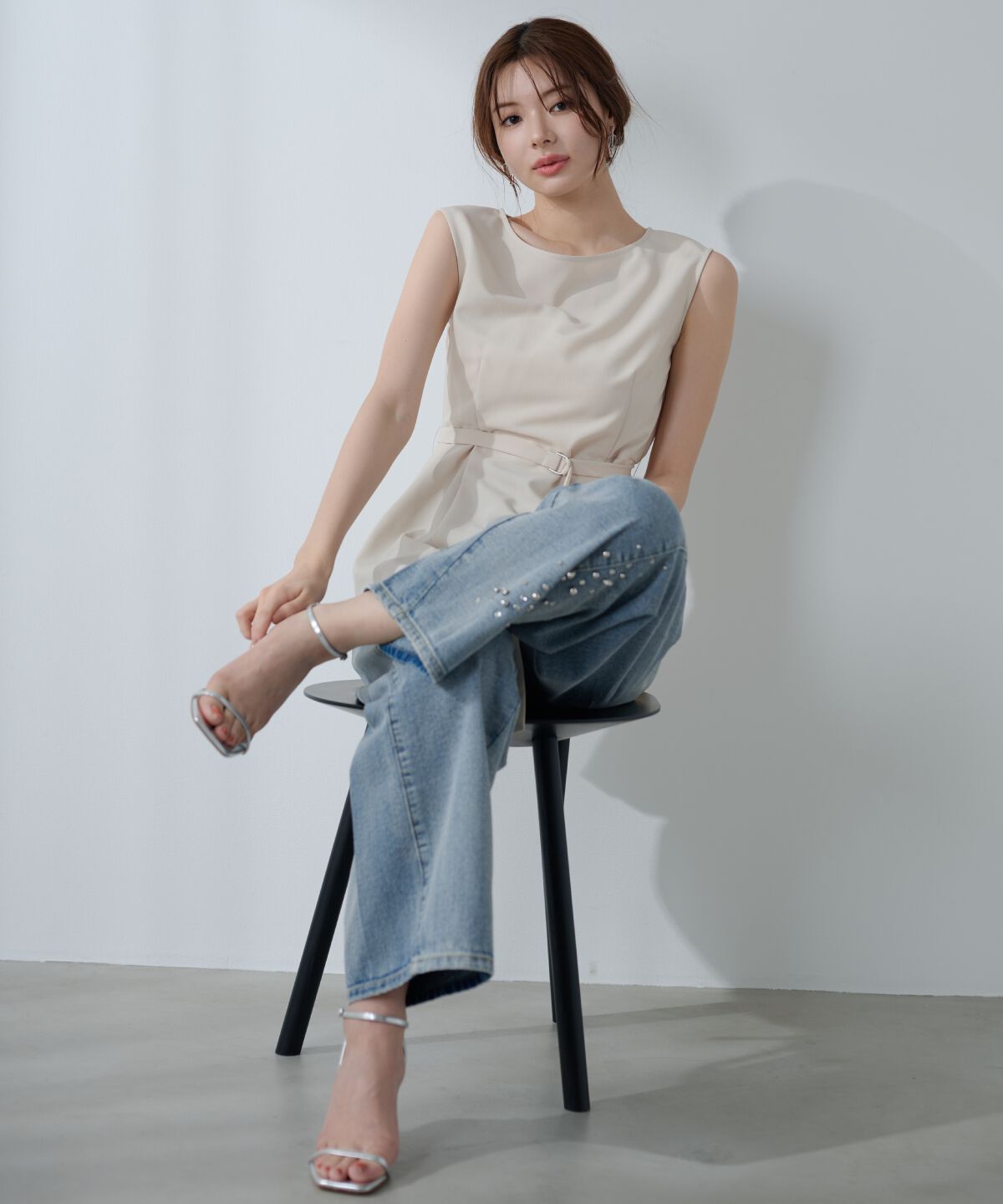 アンドクチュール「ビジューデニムワイドパンツ」|デニム|