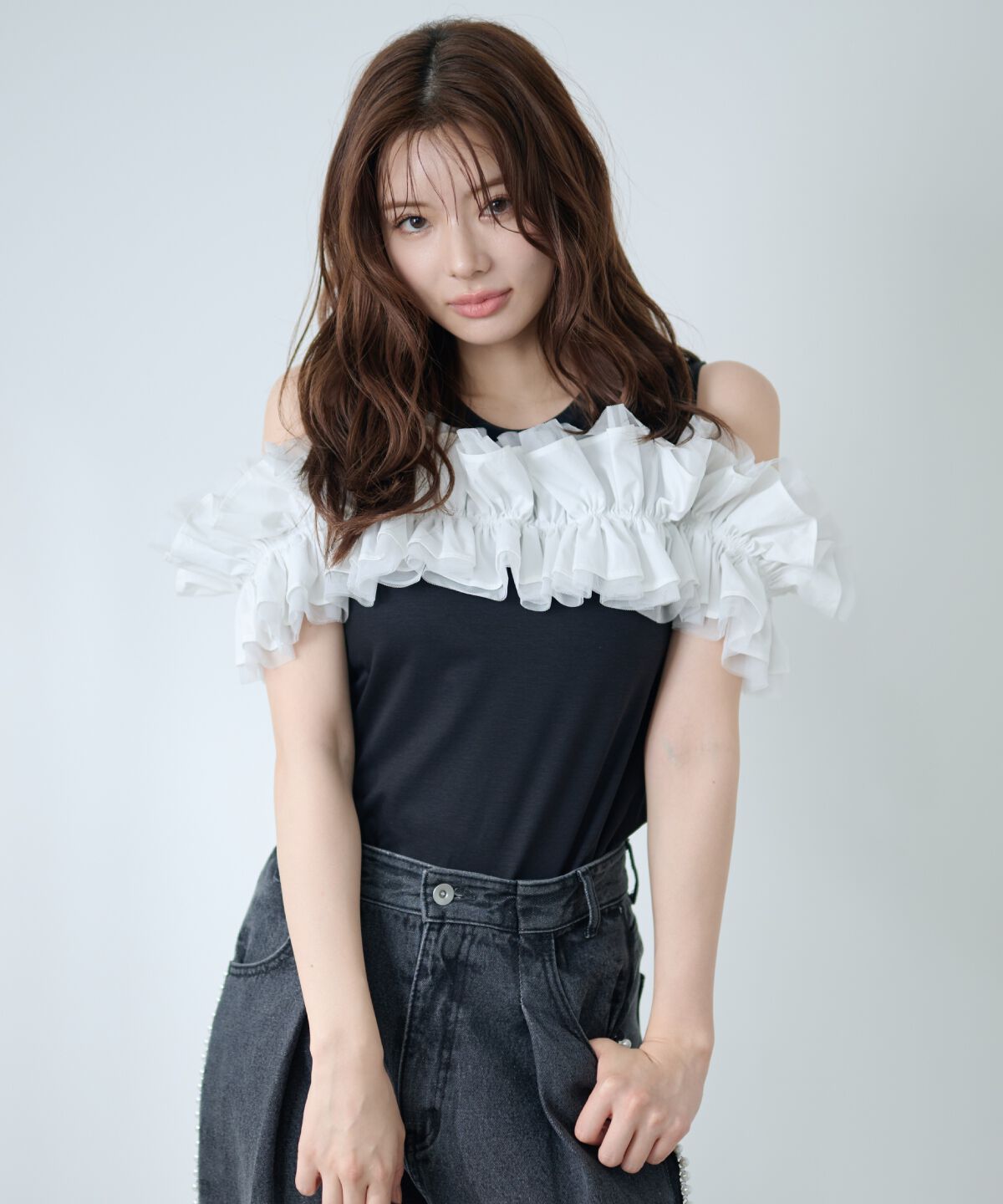 アンドクチュール「フリルギャザードッキングトップス」|Tシャツ・カットソー|