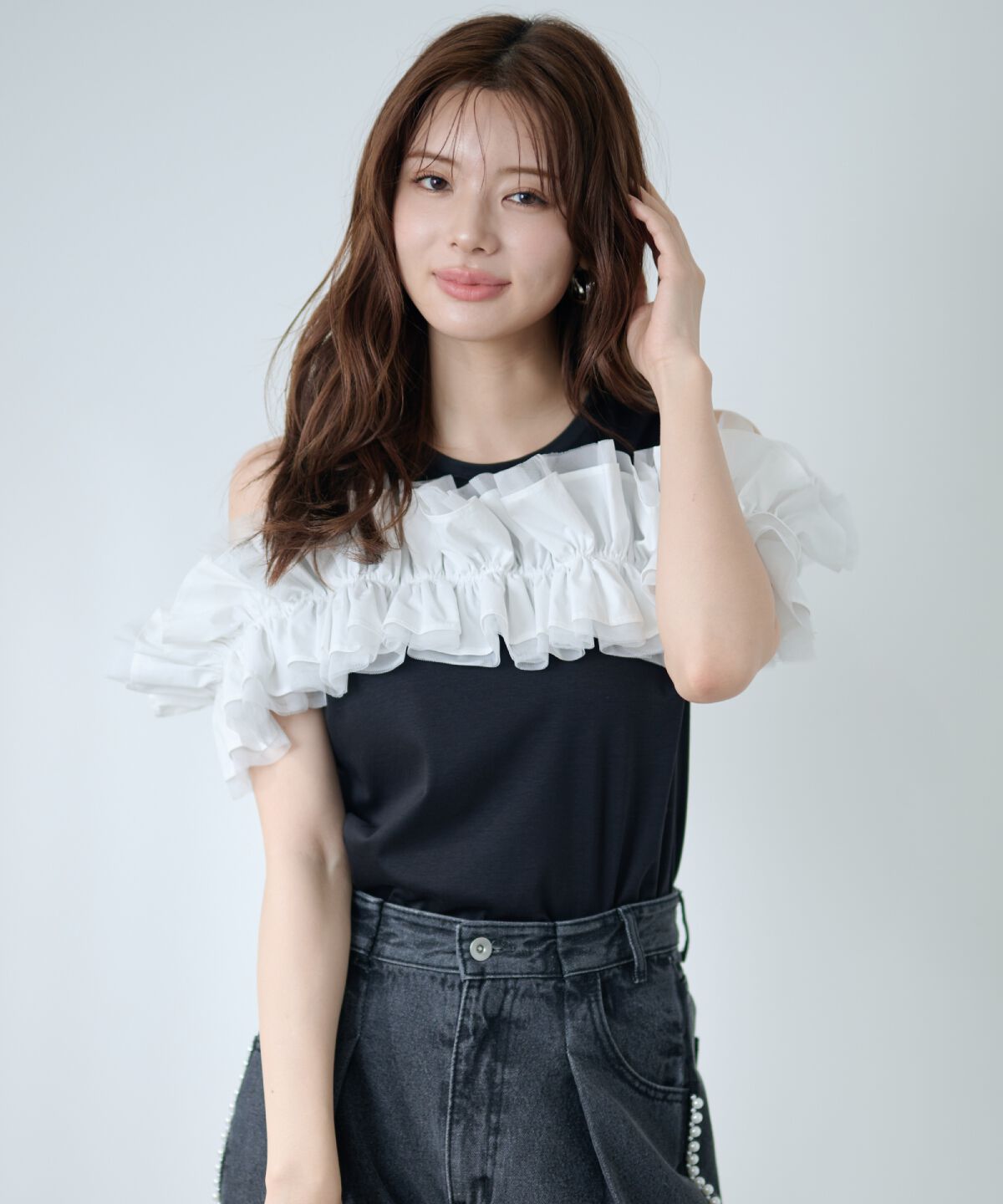 アンドクチュール「フリルギャザードッキングトップス」|Tシャツ・カットソー|
