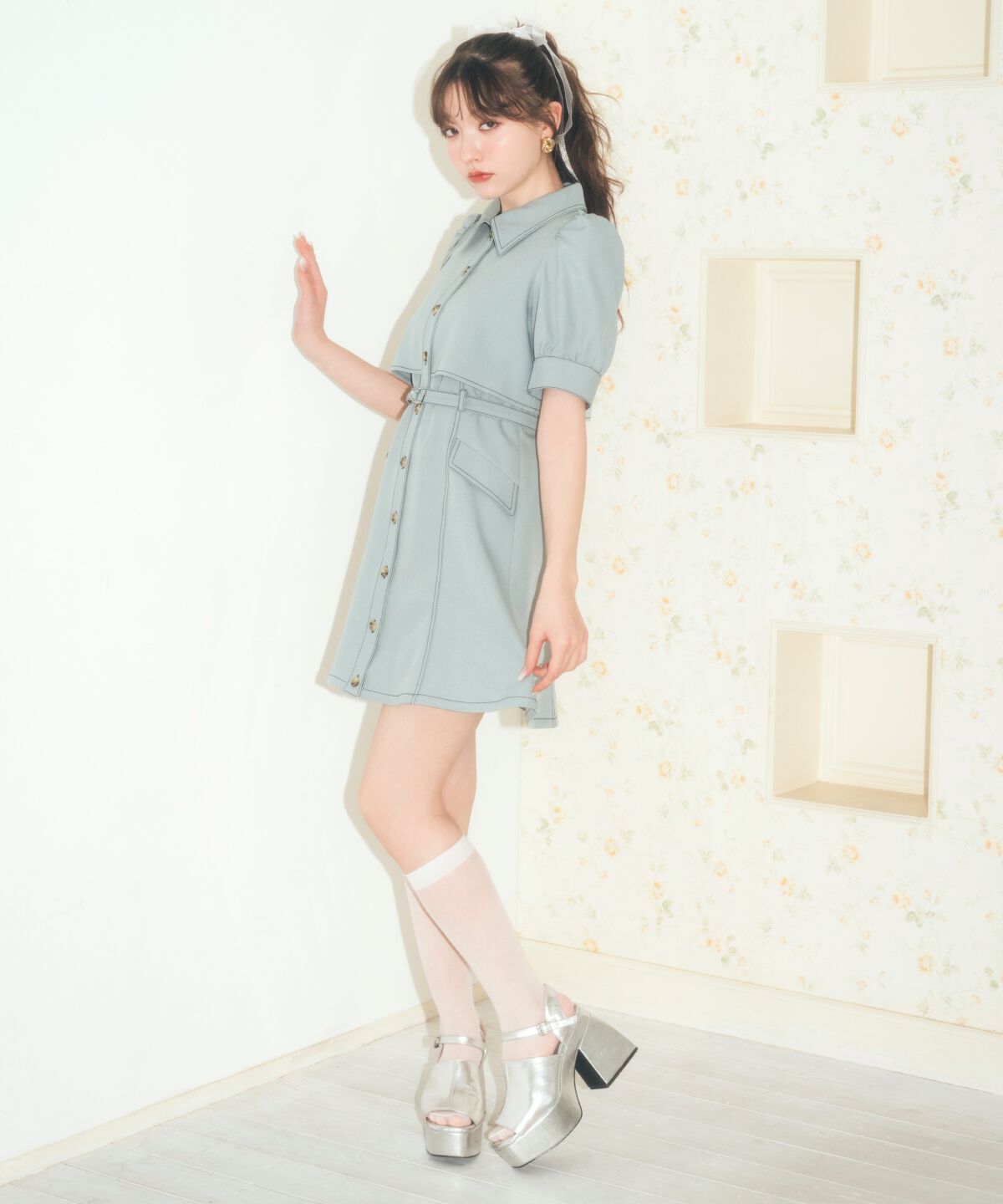 REDYAZEL「レイヤードデザインバイカラーステッチミニシャツワンピース」|ワンピース|