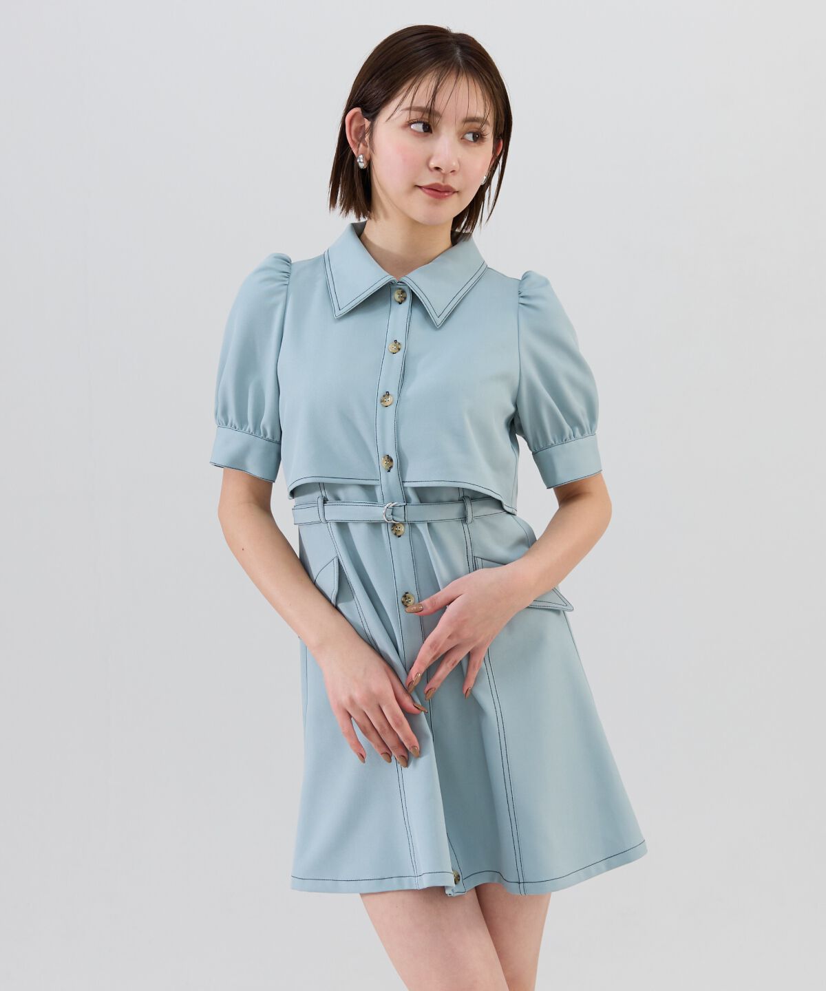 REDYAZEL「レイヤードデザインバイカラーステッチミニシャツワンピース」|ワンピース|