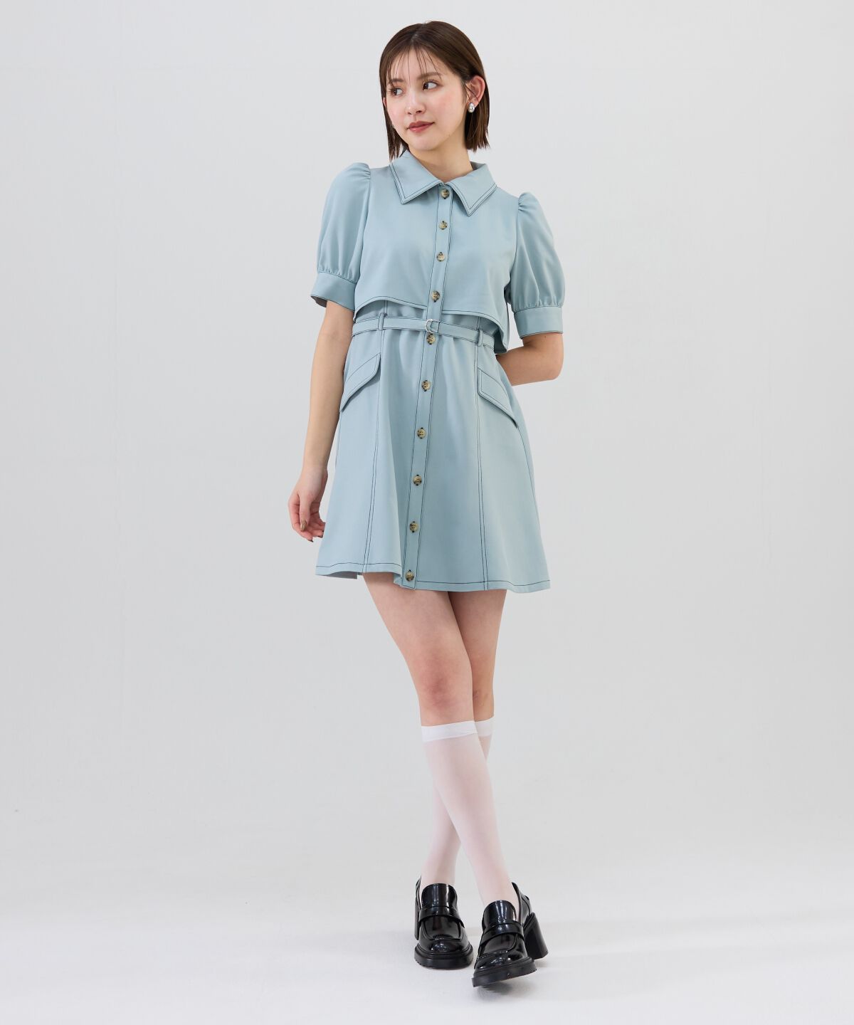 REDYAZEL「レイヤードデザインバイカラーステッチミニシャツワンピース」|ワンピース|
