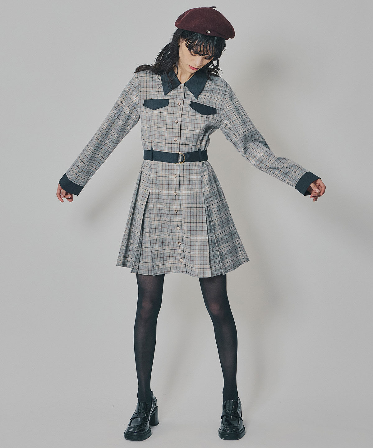 REDYAZEL「バイカラーチェックボックスプリーツシャツミニワンピース」|ワンピース|