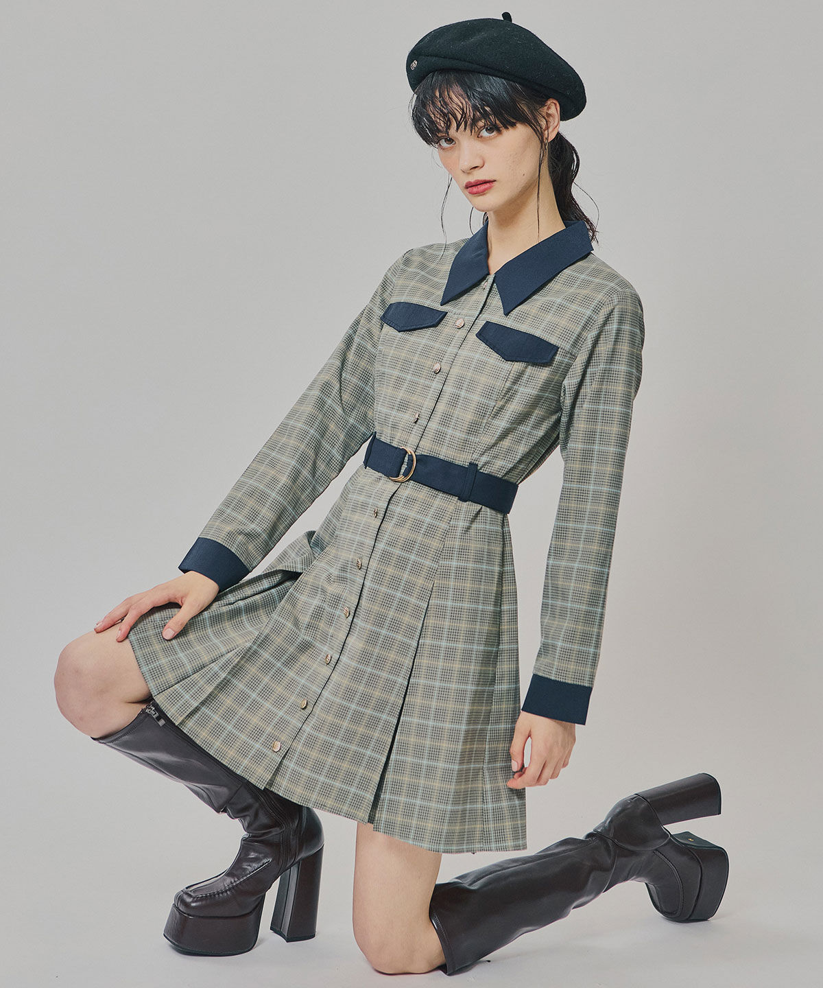 REDYAZEL「バイカラーチェックボックスプリーツシャツミニワンピース」|ワンピース|ネイビー