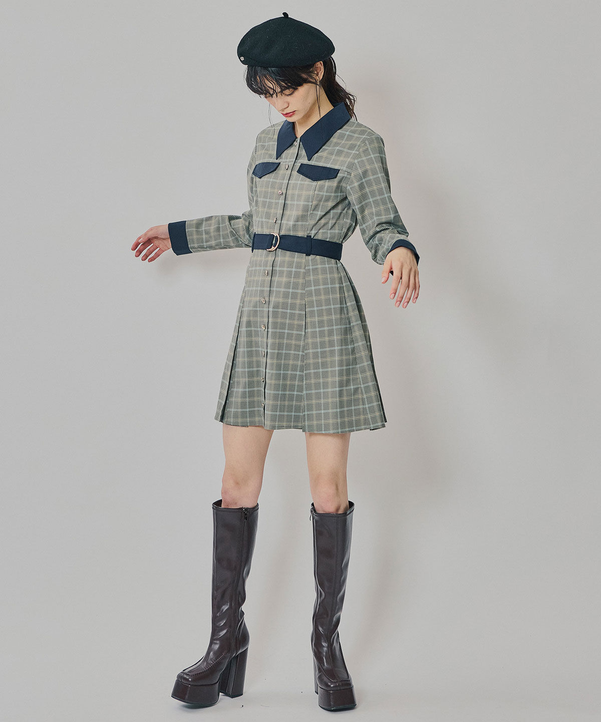 REDYAZEL「バイカラーチェックボックスプリーツシャツミニワンピース」|ワンピース|