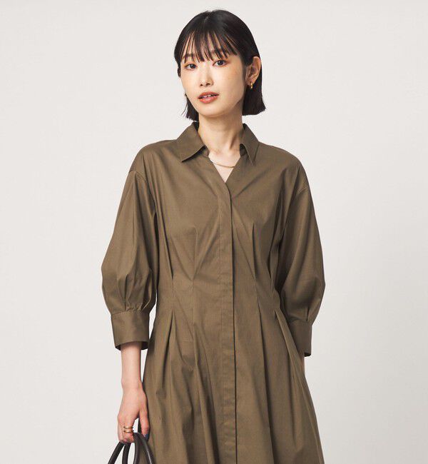 UNITED ARROWS green label relaxing「［size SHORTあり］シャツ襟 フィット＆フレア タック 5分袖 ワンピース」|ワンピース|OLIVE