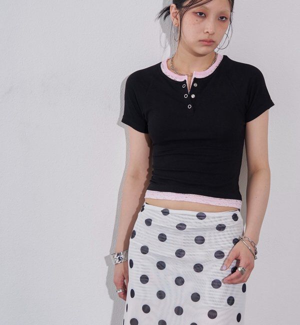  「レースレイヤードリングドットヘンリーTEE」|Tシャツ・カットソー|