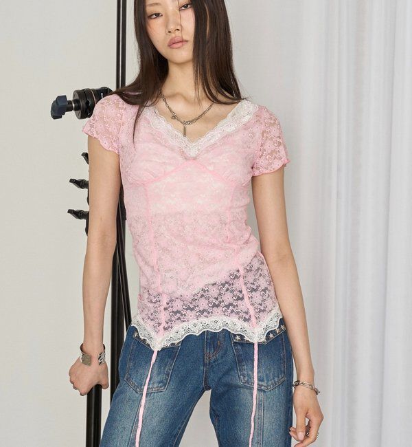  「レースガーターS/S トップス」|Tシャツ・カットソー|