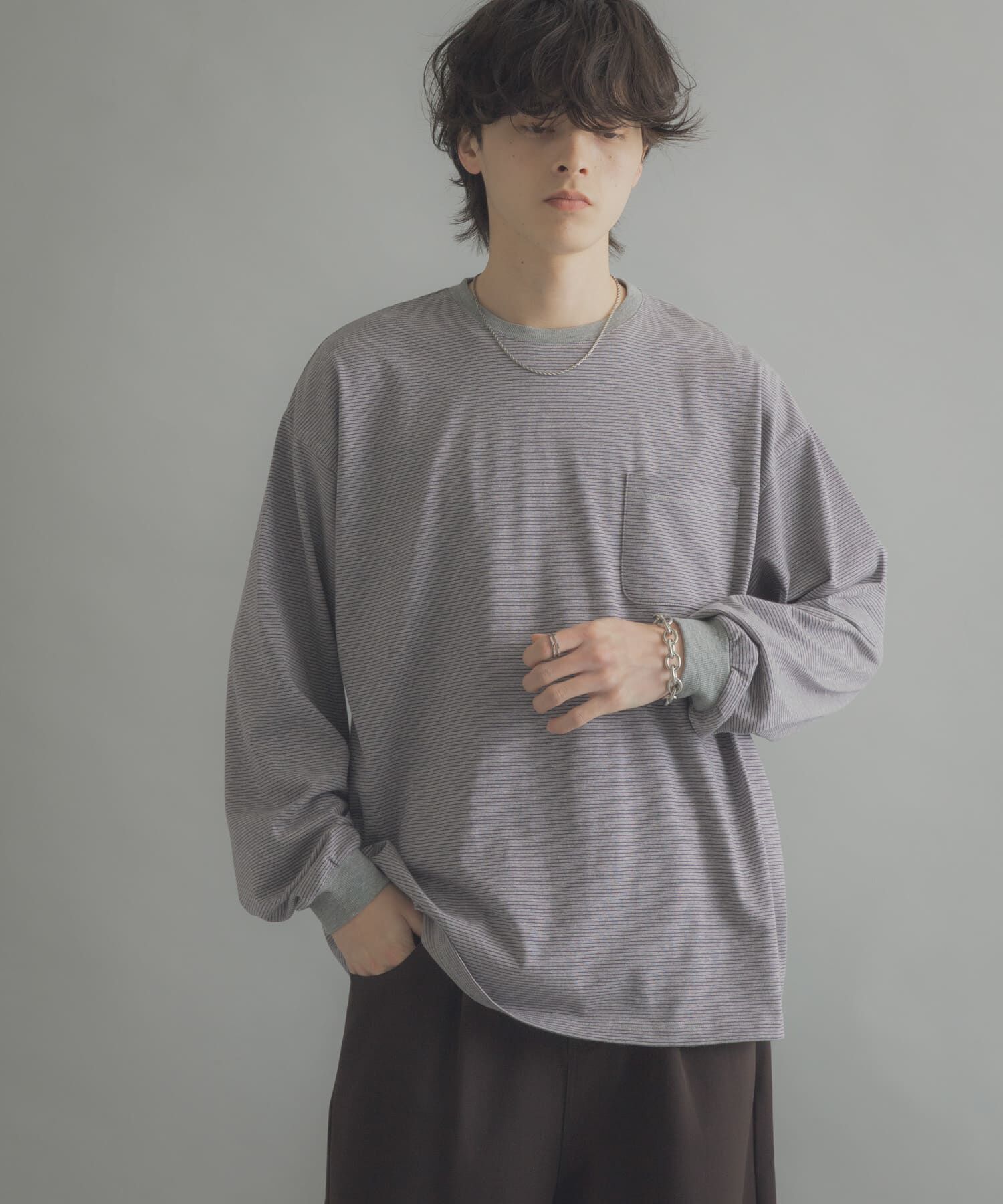 SENSE OF PLACE by URBAN RESEARCH「ピンボーダーロングスリーブTシャツ」|Tシャツ・カットソー|グレー