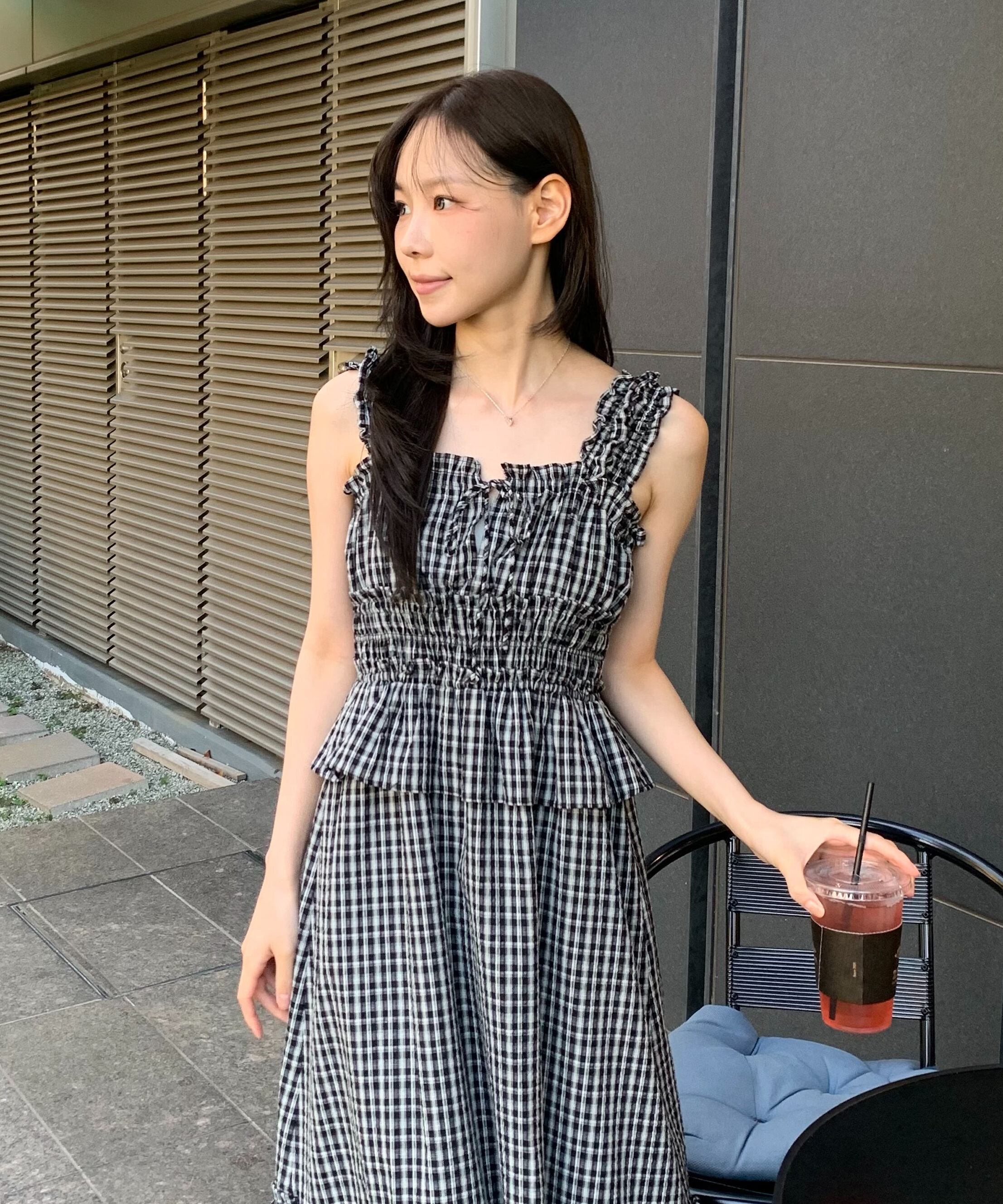  「シャーリングティアードチェックキャミワンピース」|ワンピース|