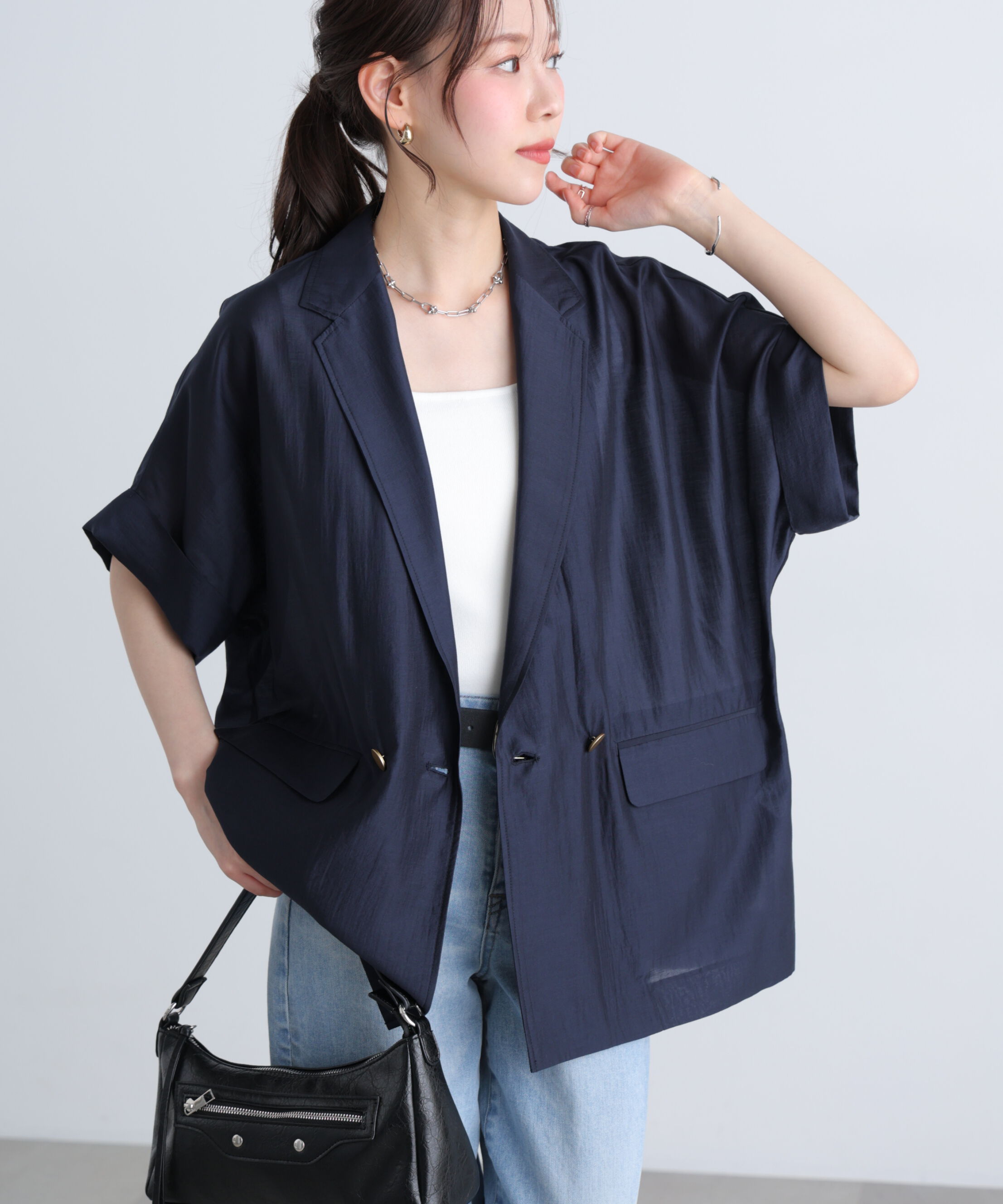  「〈MFM〉金ボタンシアー半袖ジャケット」|その他|ネイビー