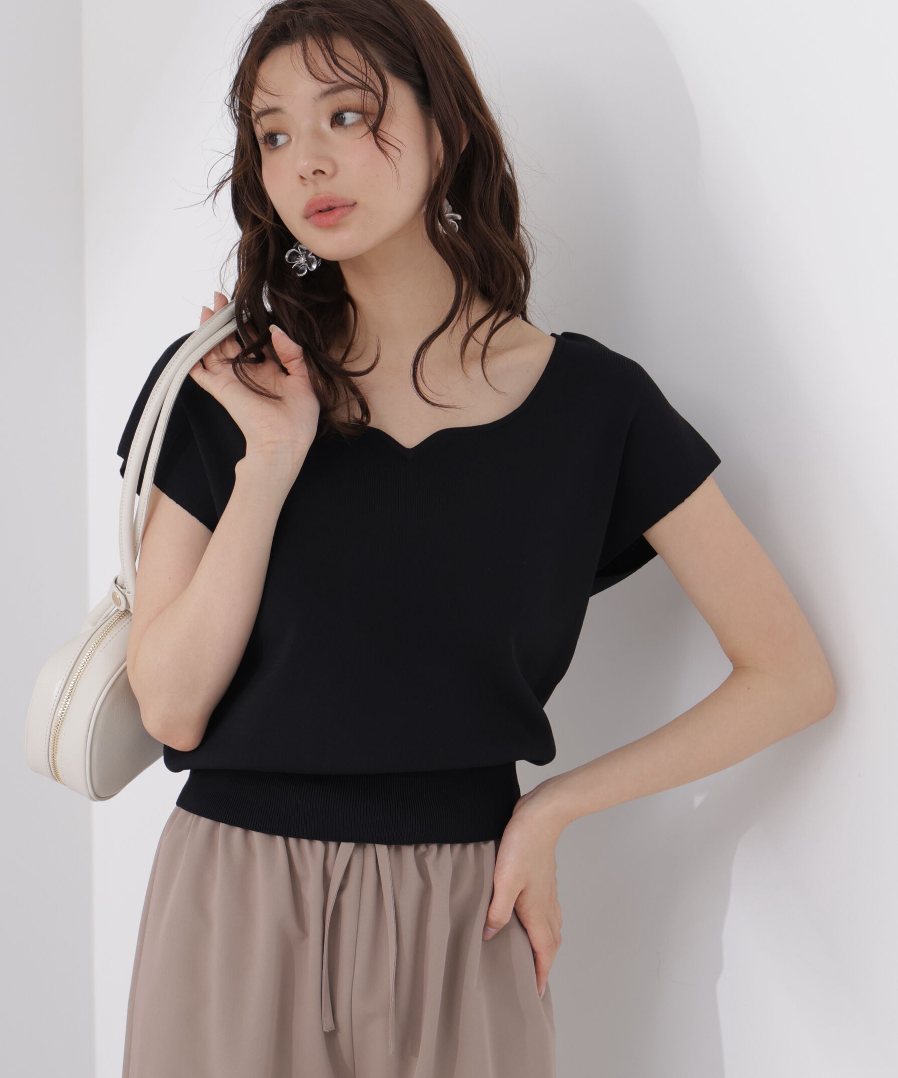 PROPORTION BODY DRESSING「<ｳｫｯｼｬﾌﾞﾙ/UVｶｯﾄ/接触冷感>総針ﾊｰﾄｶｯﾄﾌﾚﾝﾁｽﾘｰﾌ 」|ニット・セーター|ブラック