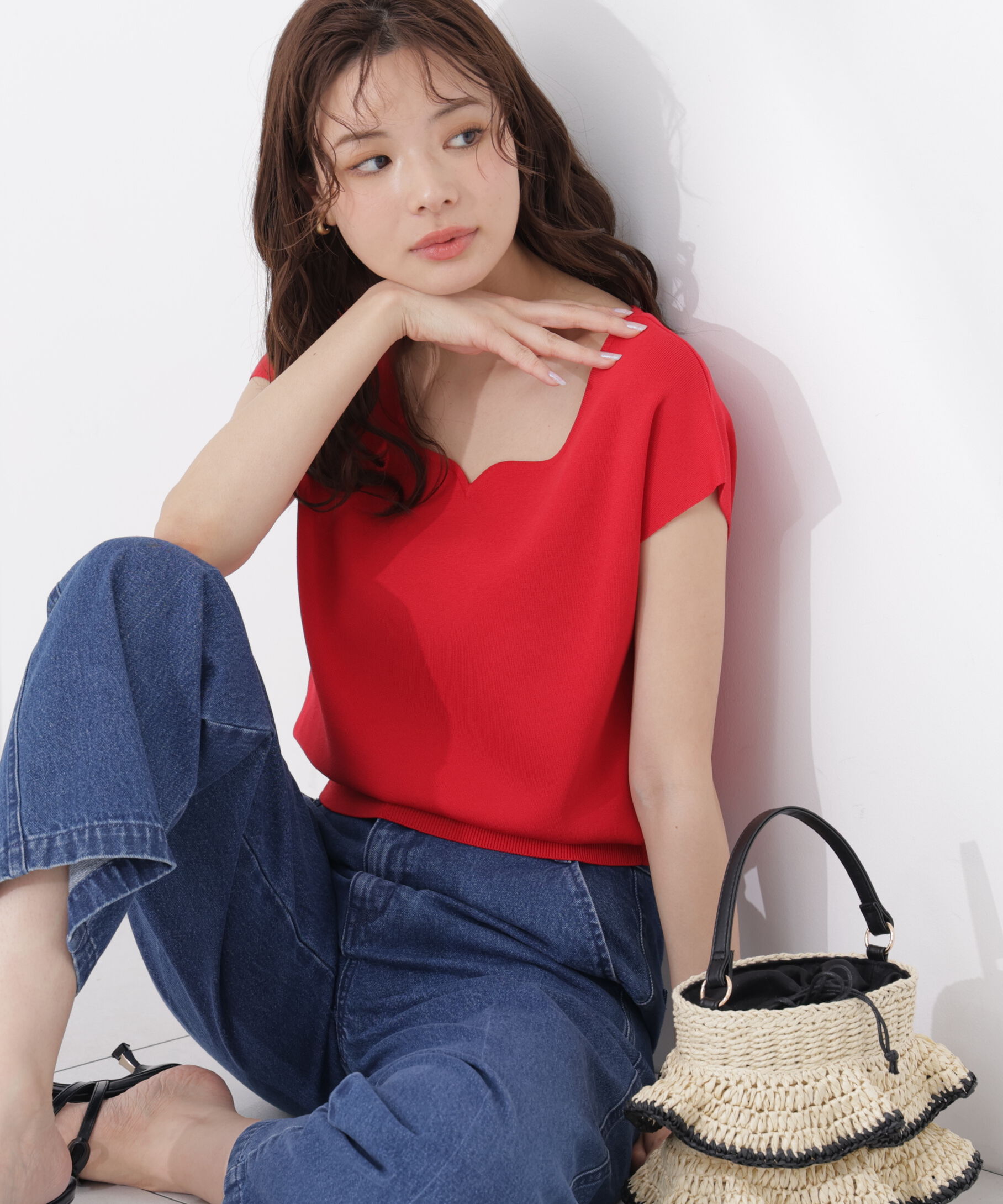 PROPORTION BODY DRESSING「<ｳｫｯｼｬﾌﾞﾙ/UVｶｯﾄ/接触冷感>総針ﾊｰﾄｶｯﾄﾌﾚﾝﾁｽﾘｰﾌ 」|ニット・セーター|レッド