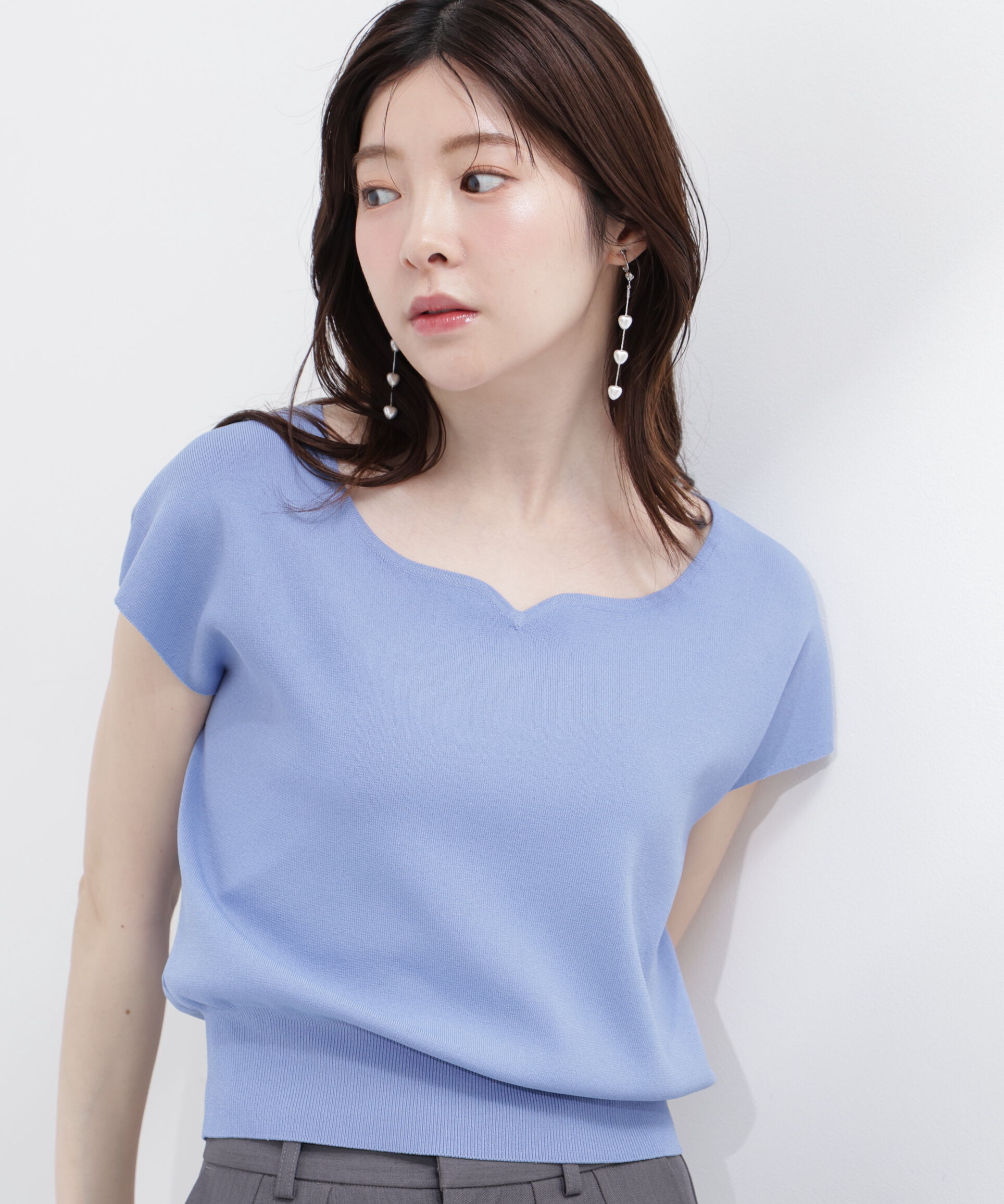 PROPORTION BODY DRESSING「<ｳｫｯｼｬﾌﾞﾙ/UVｶｯﾄ/接触冷感>総針ﾊｰﾄｶｯﾄﾌﾚﾝﾁｽﾘｰﾌ 」|ニット・セーター|ブルー