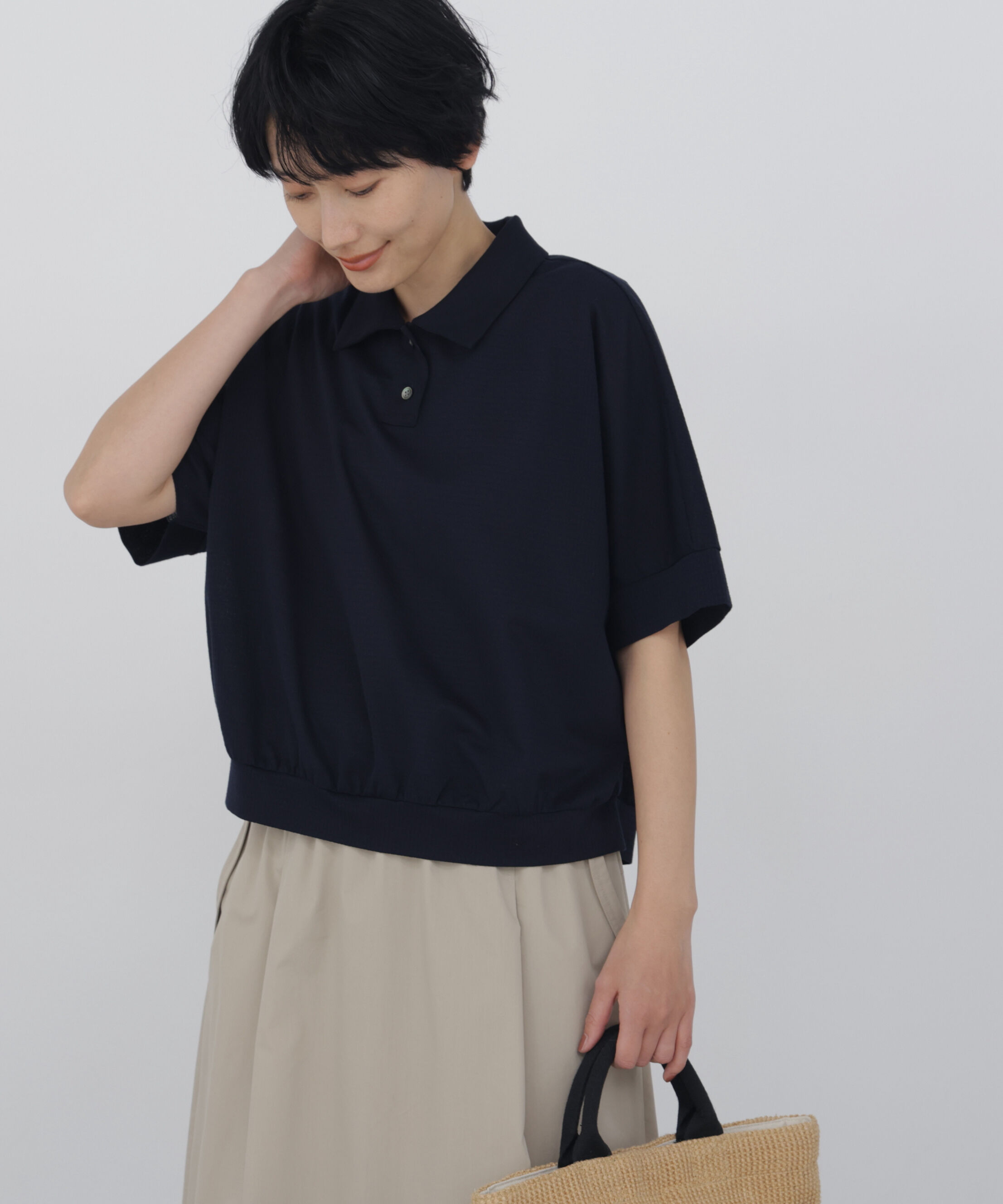  「◆《接触冷感》 フィンリーチェック衿付きカットソー」|Tシャツ・カットソー|ネイビー