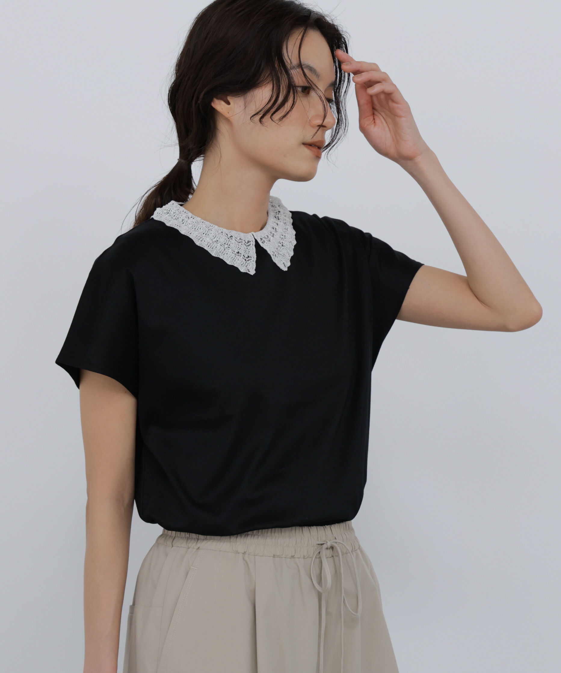  「◆《洗える》 レース衿スムースＴシャツ」|Tシャツ・カットソー|