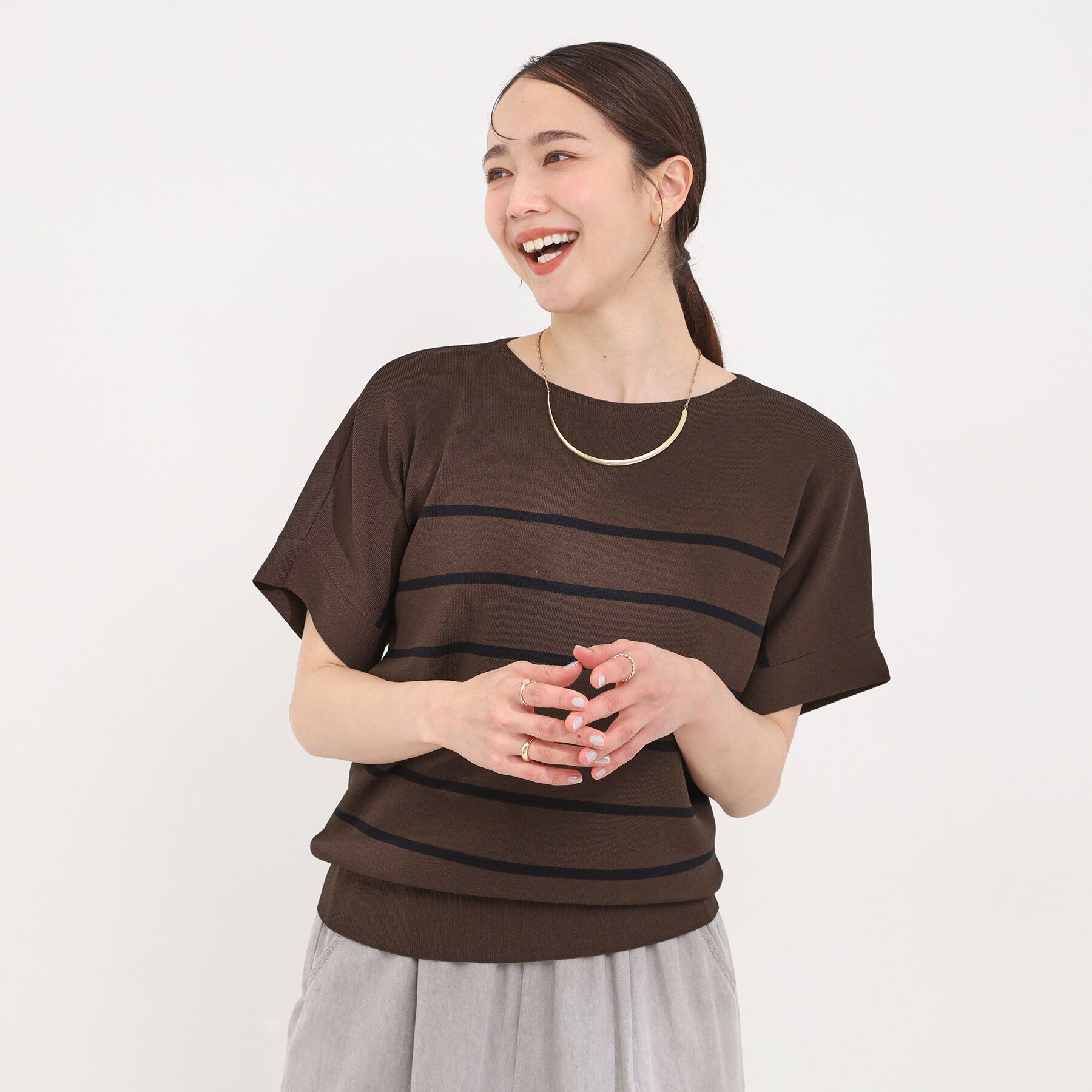 SHOO･LA･RUE「【毎日洗える/ひんやり/UV】二の腕隠れる さらっとドルマン半袖ニット」|ニット・セーター|