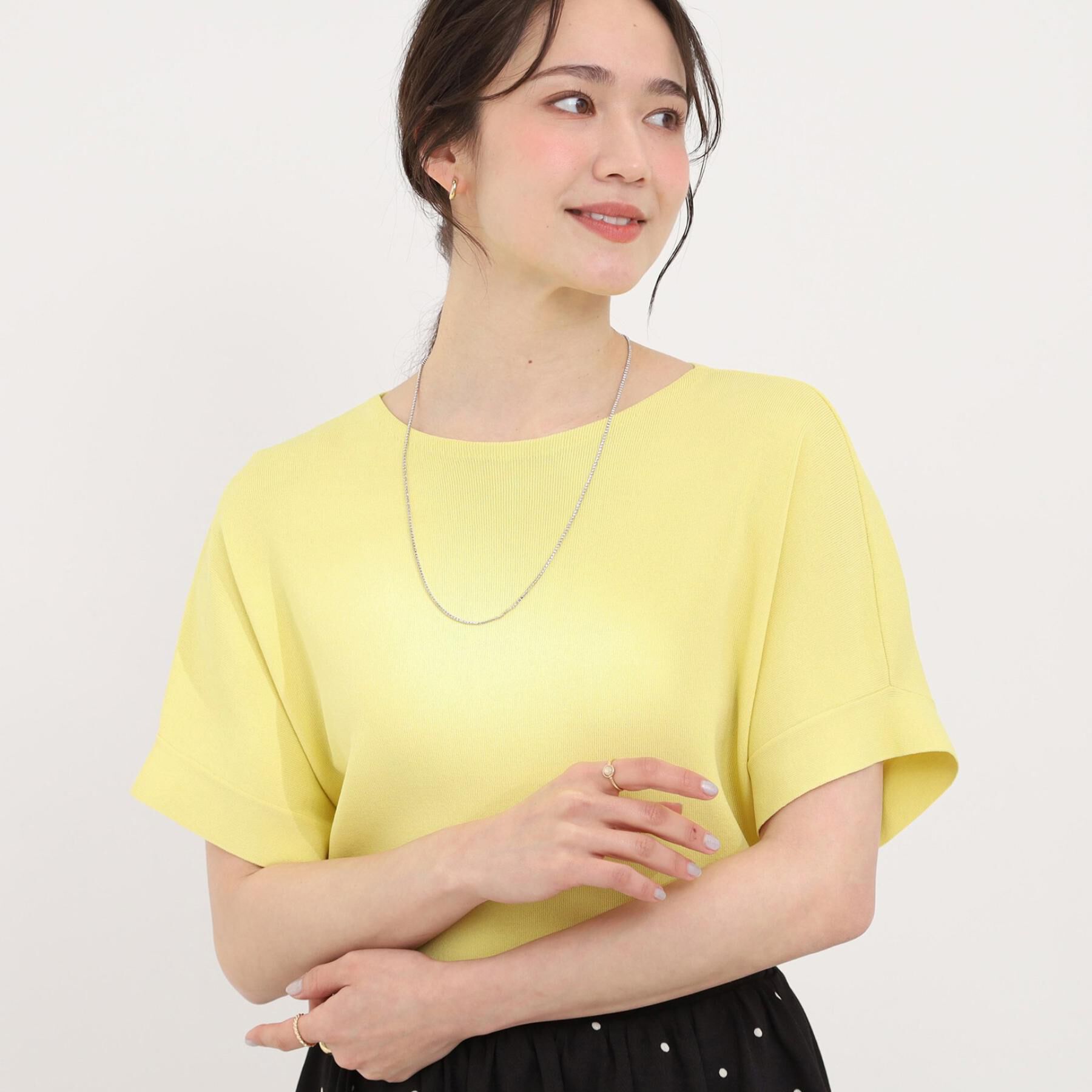 SHOO･LA･RUE「【毎日洗える/ひんやり/UV】二の腕隠れる さらっとドルマン半袖ニット」|ニット・セーター|イエロー(031)