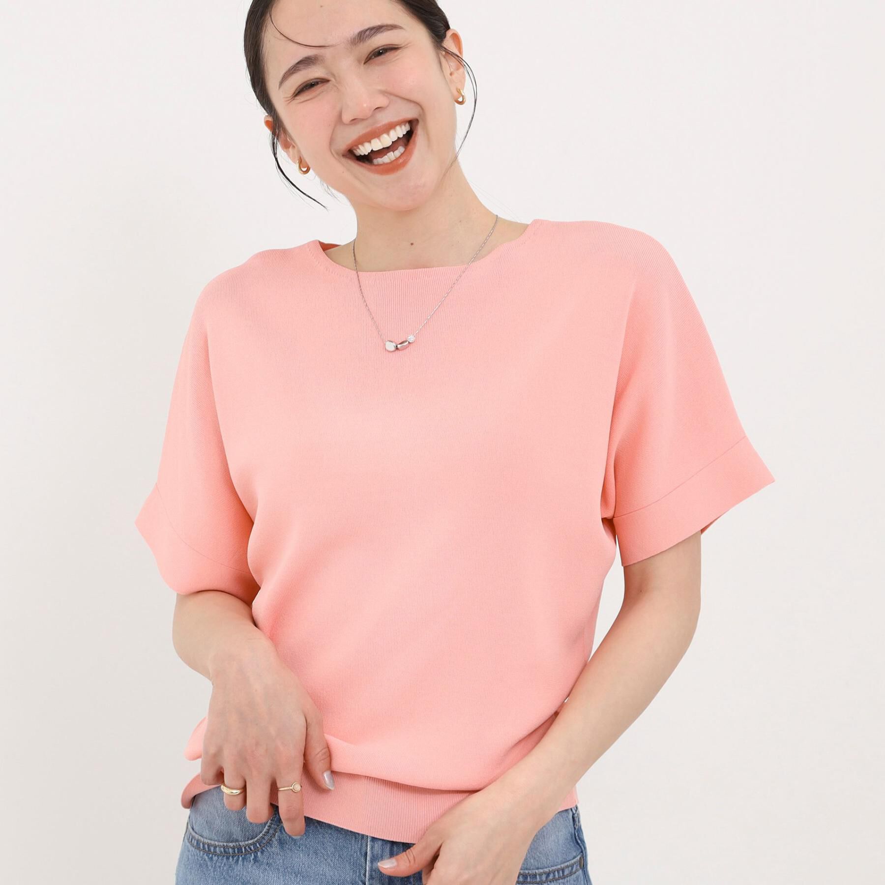 SHOO･LA･RUE「【毎日洗える/ひんやり/UV】二の腕隠れる さらっとドルマン半袖ニット」|ニット・セーター|ピンク(072)