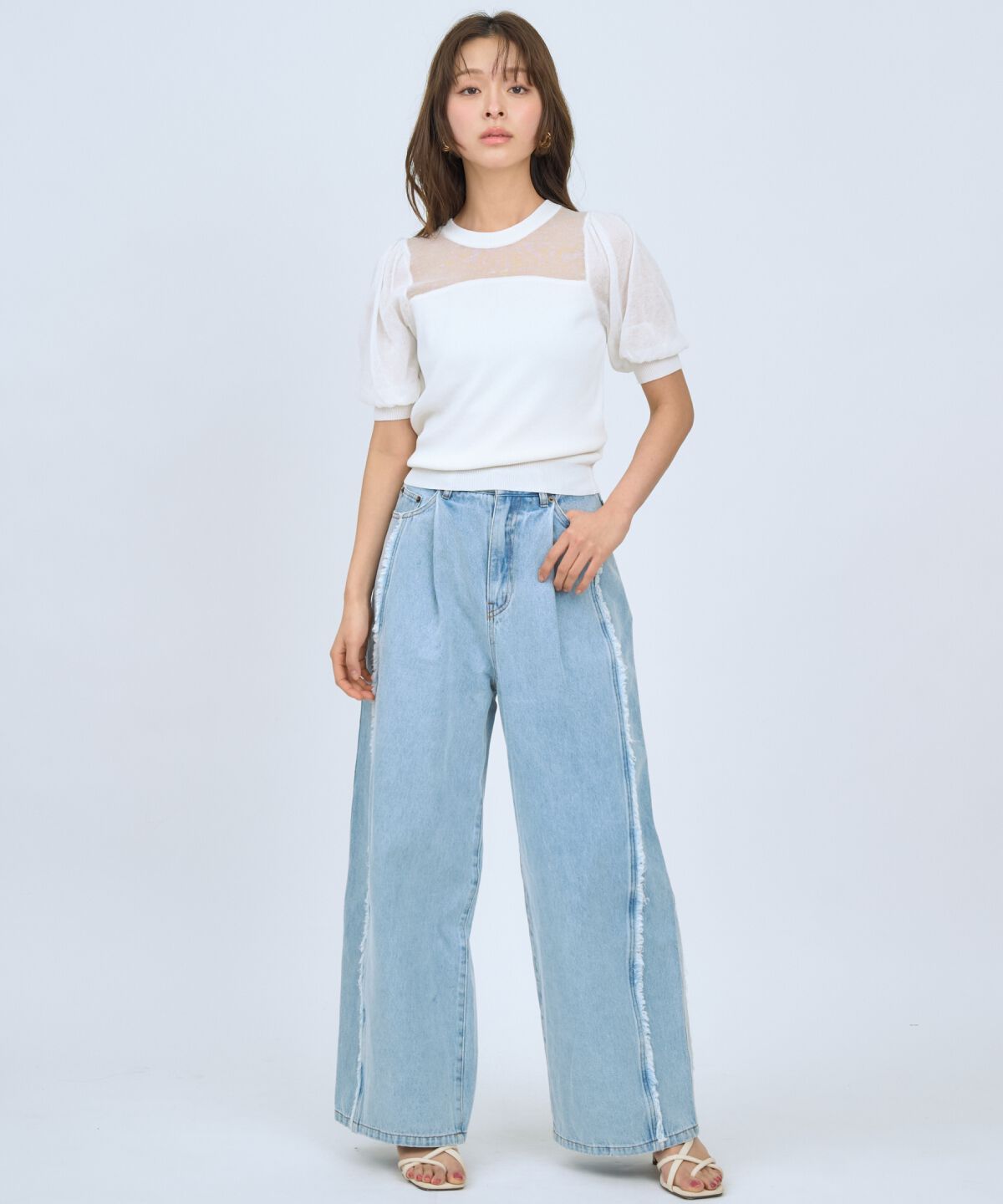 アンドクチュール「フリンジラインワイドデニムパンツ」|デニム|
