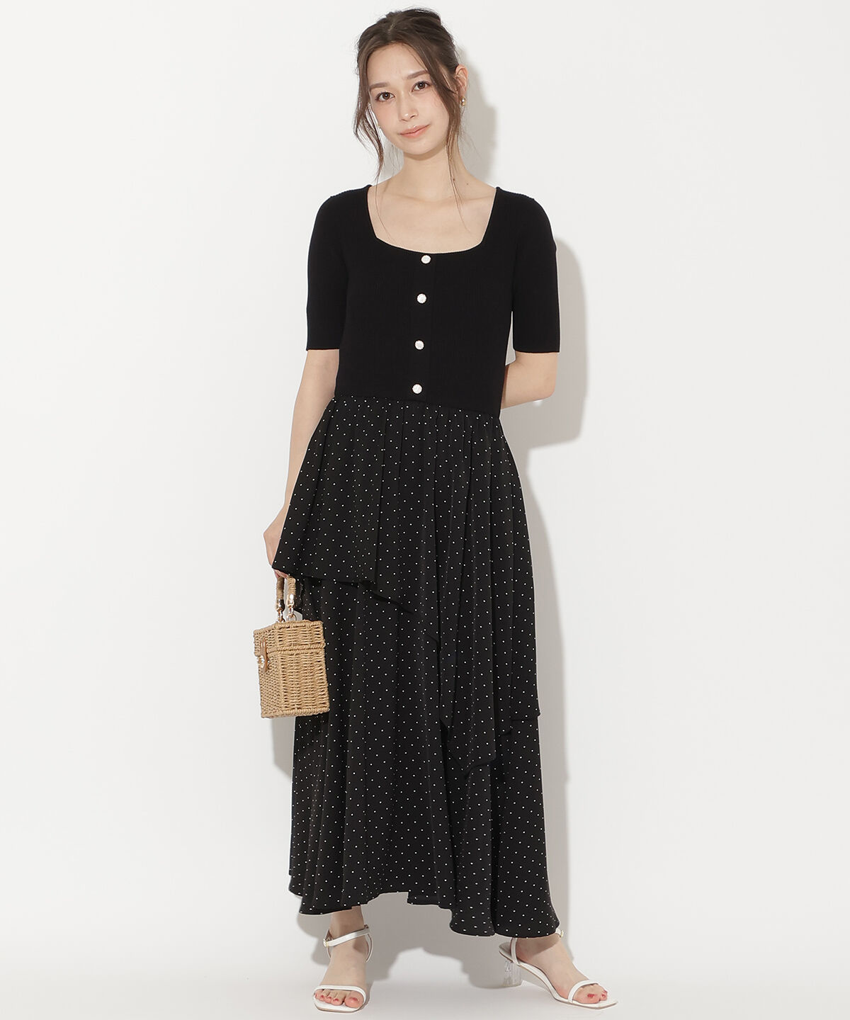 WILLSELECTION「アシメティアードニットコンビワンピース」|ワンピース|ブラック