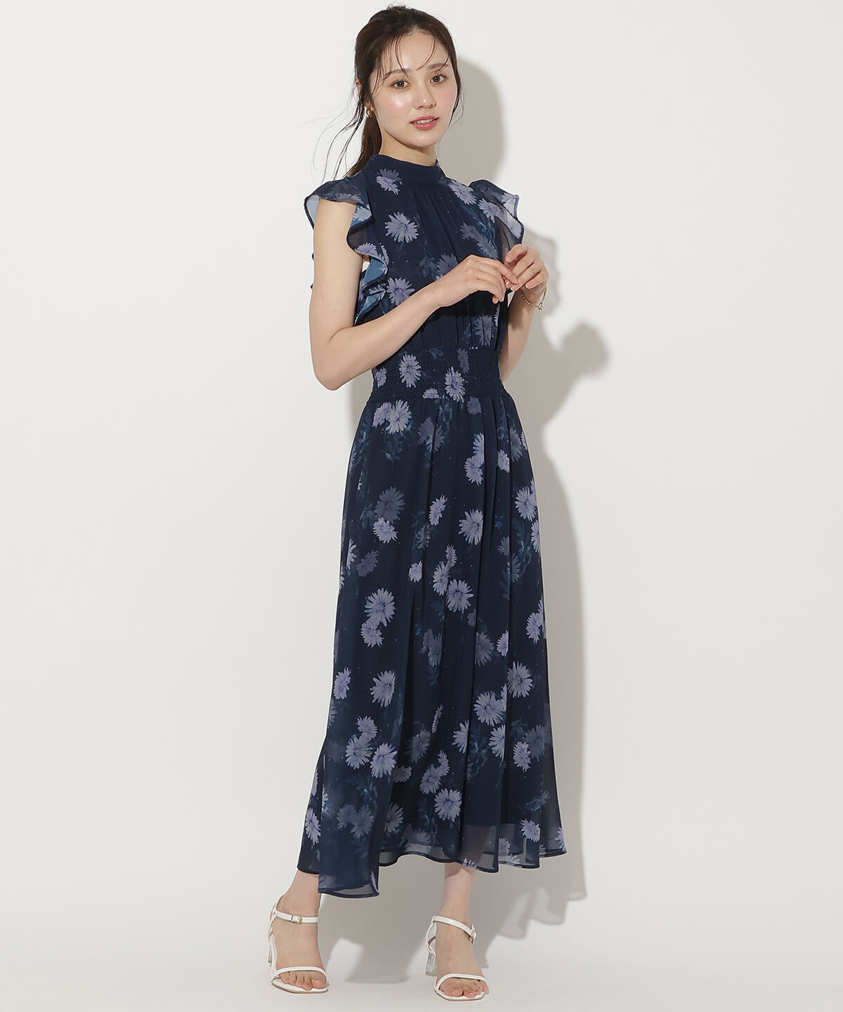 WILLSELECTION「リボンネックマーガレットプリントワンピース」|ワンピース|紺系花柄