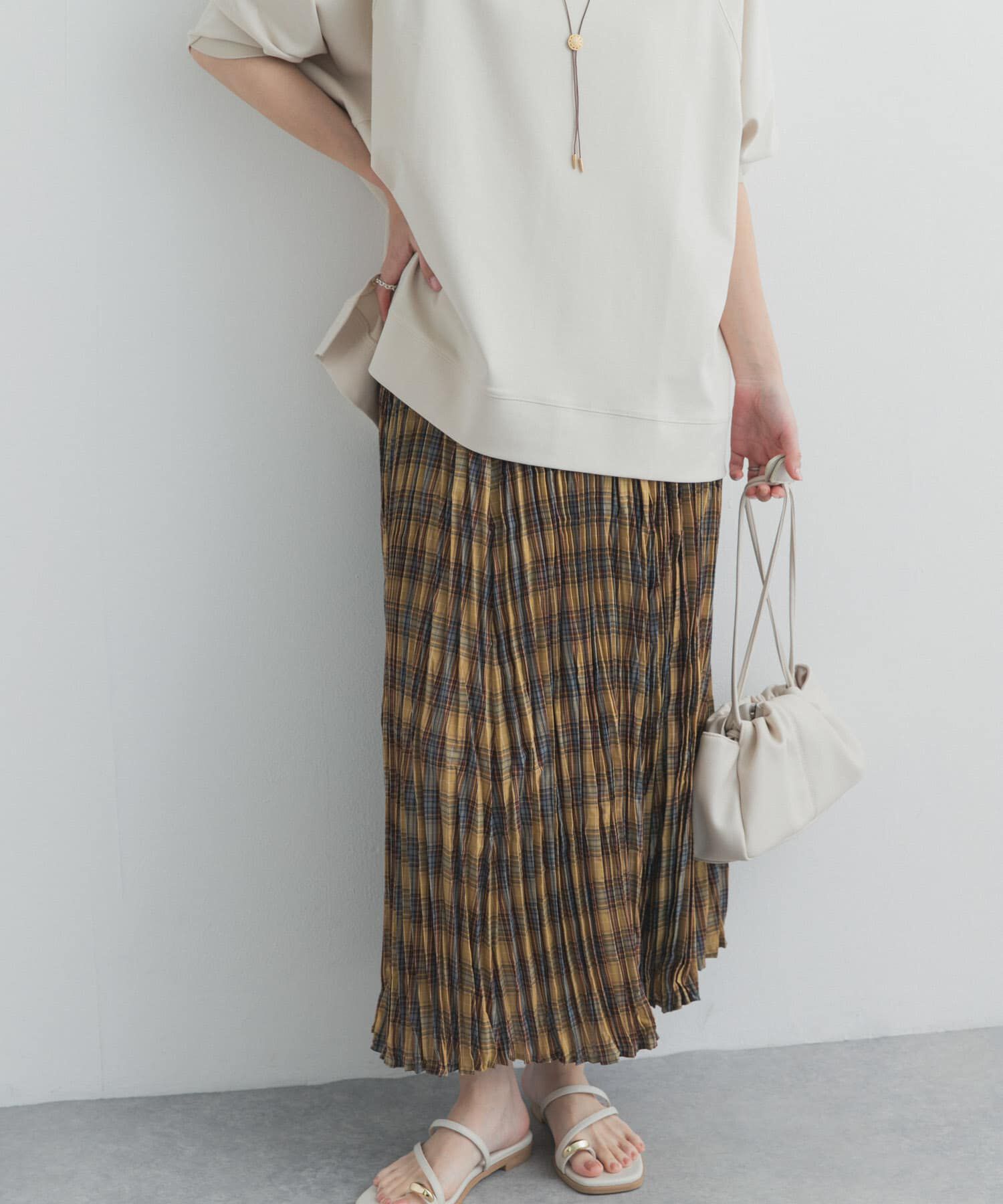 URBAN RESEARCH DOORS「ワッシャープリーツチェックスカート」|スカート|イエロー系その他