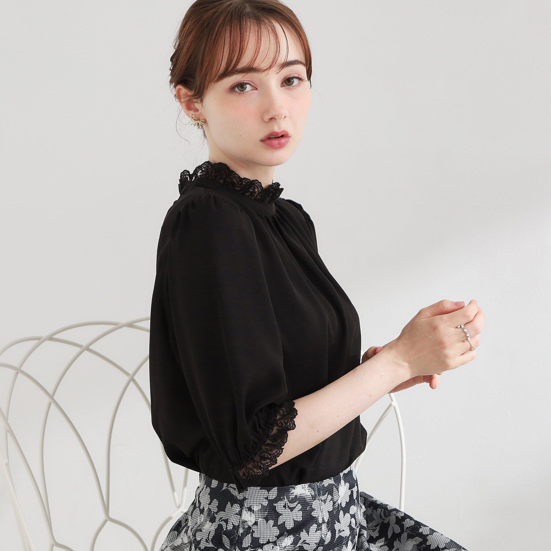 Couture broach「【大人上品・前後2WAY】エンブロレース 5分袖ブラウス【洗濯機可】」|シャツ・ブラウス|ブラック(019)