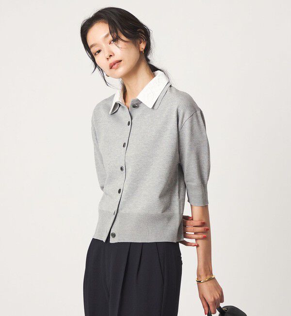 UNITED ARROWS green label relaxing「2WAY レース ポロ襟 5分袖 ニット カーディガン」|カーディガン|MD.GRAY
