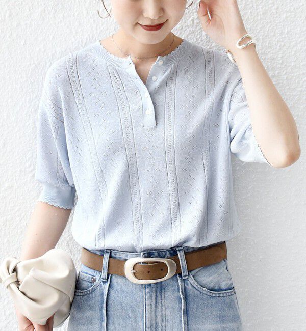 SHIPS for women「【WEB限定】〈手洗い可能〉ペーパー ヘンリーネック アイレット ニット」|ニット・セーター|