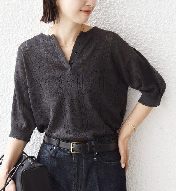 SHIPS for women「【WEB限定】〈手洗い可能〉ペーパー ヘンリーネック アイレット ニット」|ニット・セーター|ダークグレー