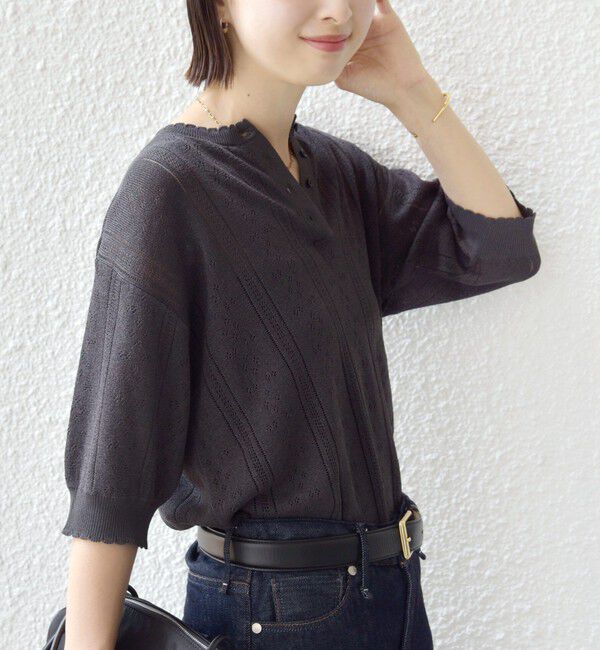 SHIPS for women「【WEB限定】〈手洗い可能〉ペーパー ヘンリーネック アイレット ニット」|ニット・セーター|