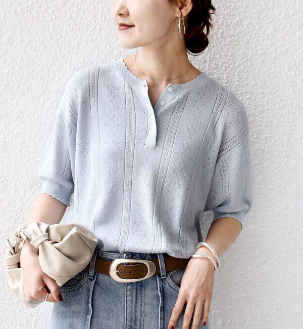 SHIPS for women「【WEB限定】〈手洗い可能〉ペーパー ヘンリーネック アイレット ニット」|ニット・セーター|サックスブルー