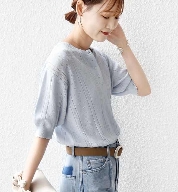 SHIPS for women「【WEB限定】〈手洗い可能〉ペーパー ヘンリーネック アイレット ニット」|ニット・セーター|