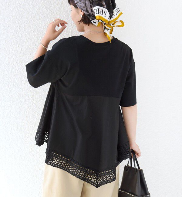 SHIPS for women「〈手洗い可能〉DEPEND ポンチ トリム レース ドッキング プルオーバー」|Tシャツ・カットソー|ブラック