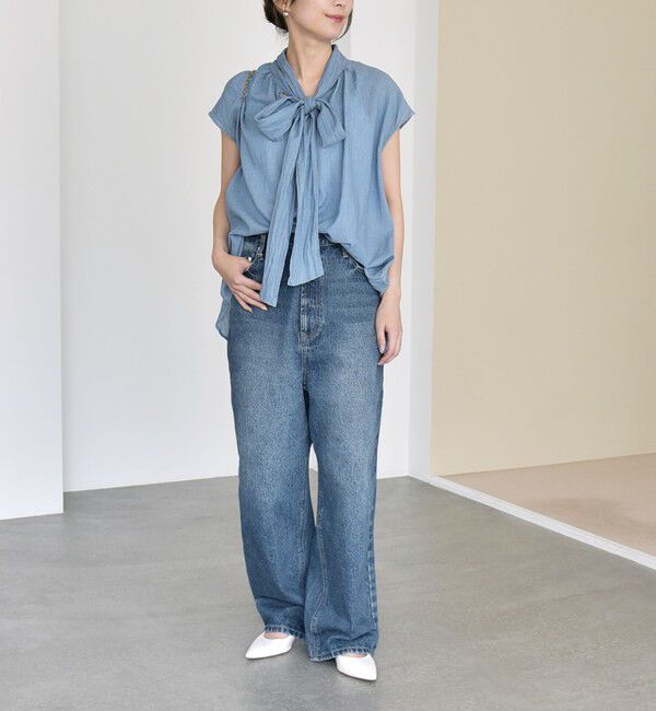 quaranciel「quaranciel:〈手洗い可能〉シアー デニム ボウタイ フレンチスリーブ ブラウス」|シャツ・ブラウス|