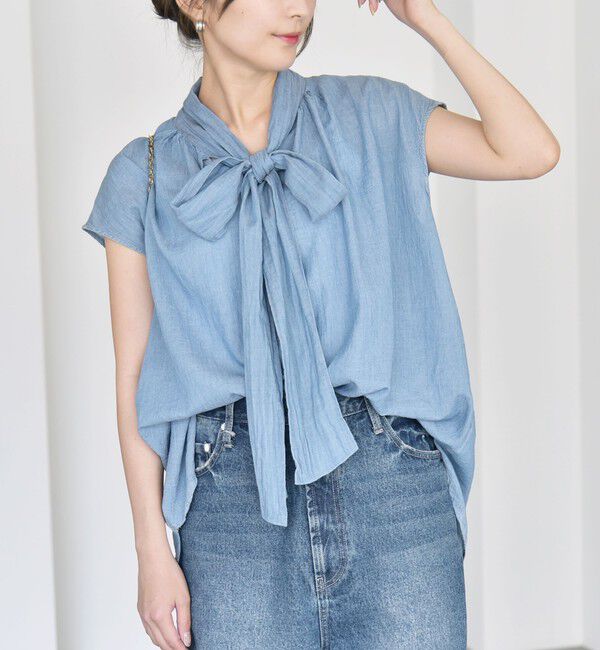 quaranciel「quaranciel:〈手洗い可能〉シアー デニム ボウタイ フレンチスリーブ ブラウス」|シャツ・ブラウス|