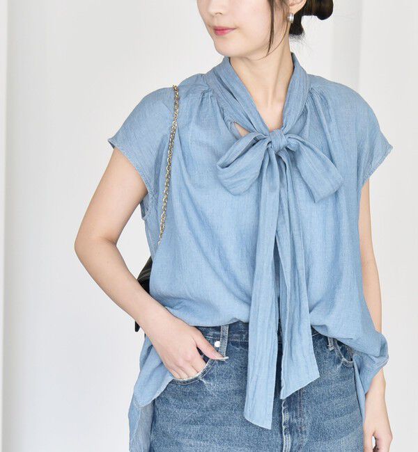 quaranciel「quaranciel:〈手洗い可能〉シアー デニム ボウタイ フレンチスリーブ ブラウス」|シャツ・ブラウス|