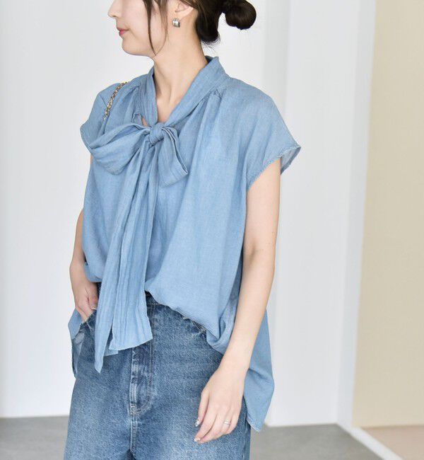 quaranciel「quaranciel:〈手洗い可能〉シアー デニム ボウタイ フレンチスリーブ ブラウス」|シャツ・ブラウス|