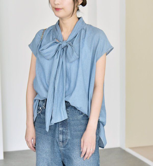 quaranciel「quaranciel:〈手洗い可能〉シアー デニム ボウタイ フレンチスリーブ ブラウス」|シャツ・ブラウス|