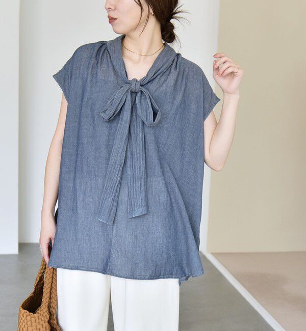 quaranciel「quaranciel:〈手洗い可能〉シアー デニム ボウタイ フレンチスリーブ ブラウス」|シャツ・ブラウス|ブルー