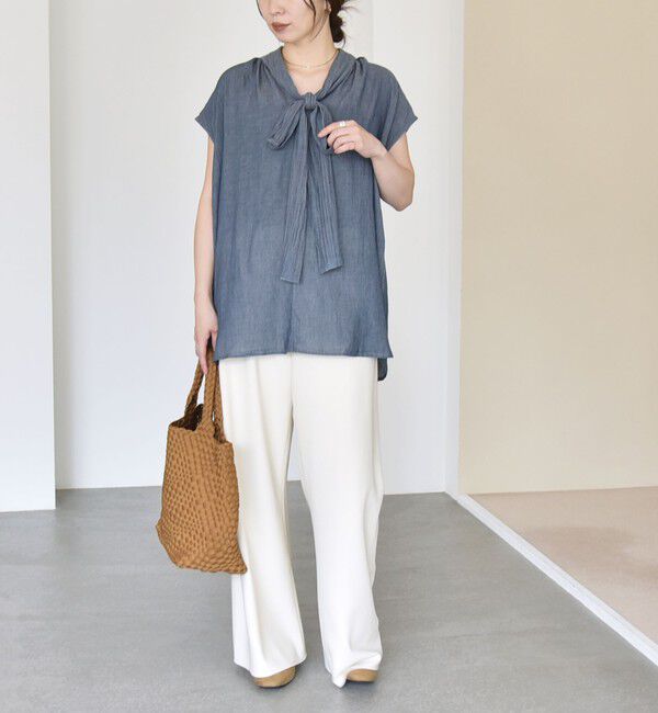 quaranciel「quaranciel:〈手洗い可能〉シアー デニム ボウタイ フレンチスリーブ ブラウス」|シャツ・ブラウス|