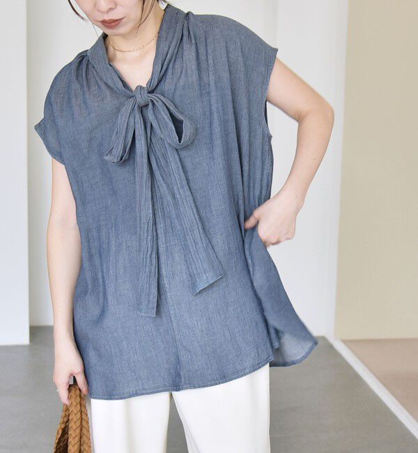 quaranciel「quaranciel:〈手洗い可能〉シアー デニム ボウタイ フレンチスリーブ ブラウス」|シャツ・ブラウス|